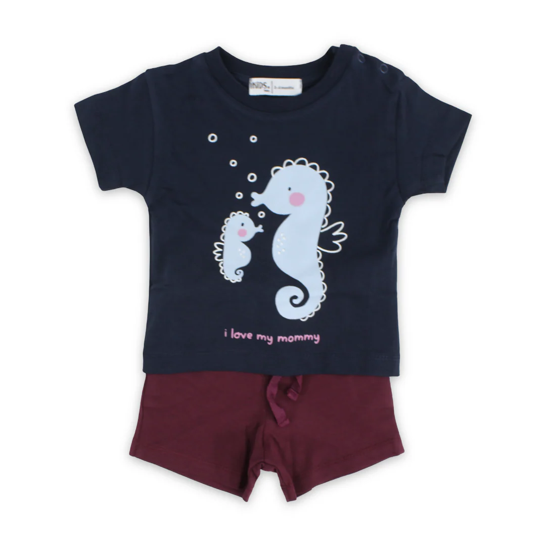 Baby Girls Cotton Pajama – Navy with "I Love My Mommy" Print