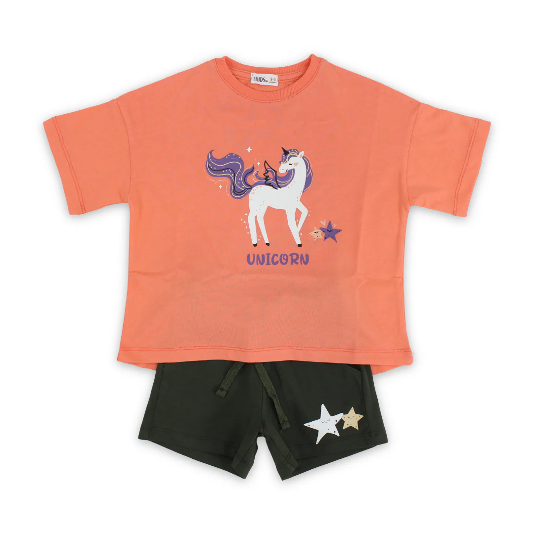 Girls Cotton Pajama – Salmon with Unicorn