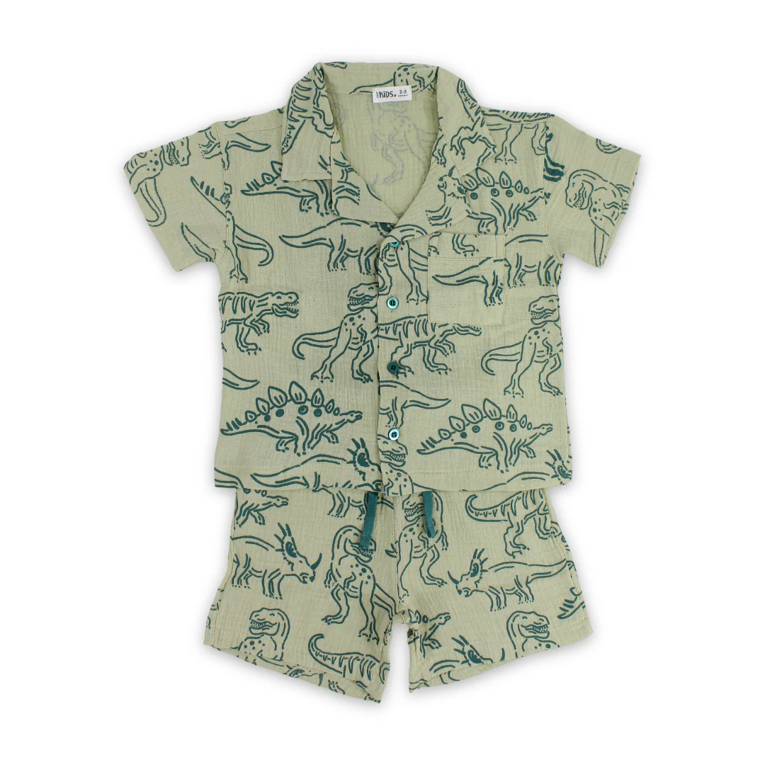 Boys Cotton Pajama – Pistachio with Dino Print