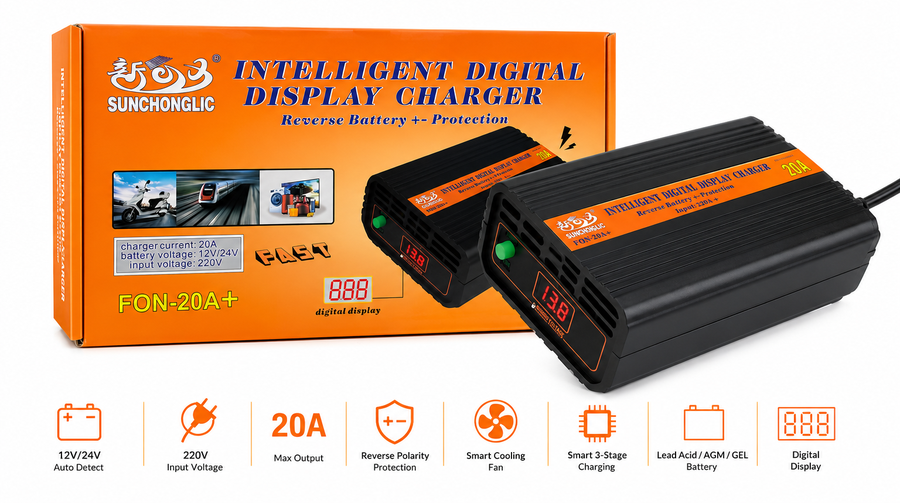 Battery Charger With Digital Display 12V/24Vdc-20A- with selectors (FON-20A) 