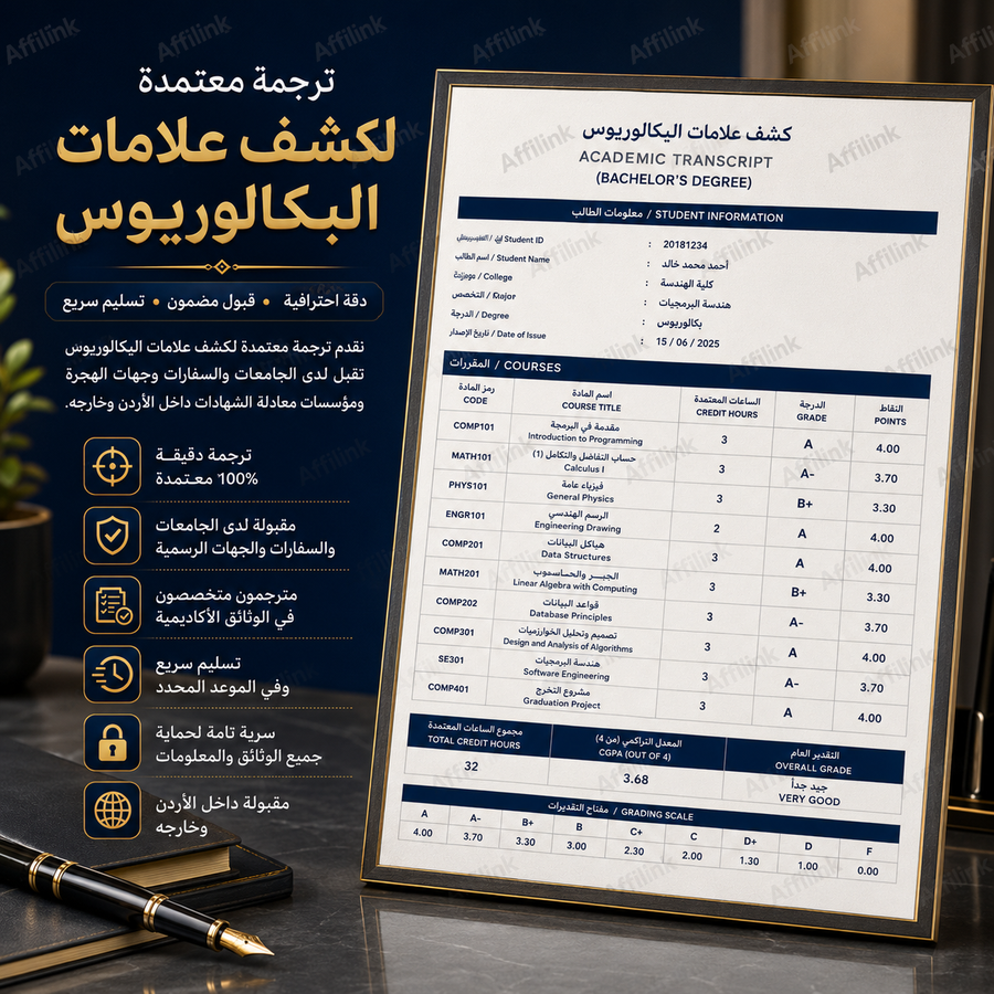 ترجمة كشف علامات البكالوريوس المعتمد