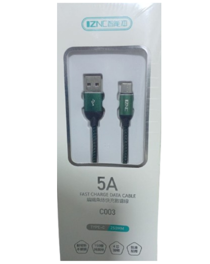 IZNC C003 USB-A to USB-C 5A Fast Charging & Data Cable, 25cm Braided Type-C Sync Cable for Android Devices