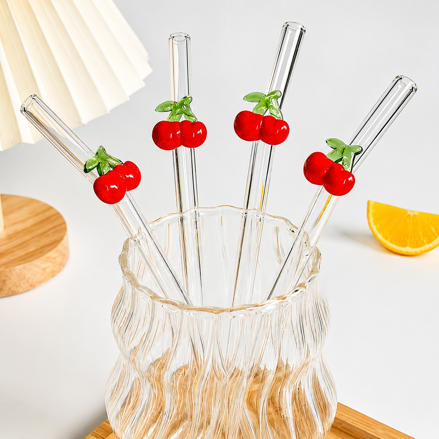 طقم شاليموه زجاج (سترو) بتصميم الكريز 🍒 - 4 قطع مع فرشاة تنظيف