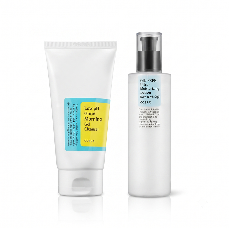 (COSRX Daily Essential Duo: Low pH Good Morning Cleanser + Oil-Free Ultra-Moisturizing Lotion)