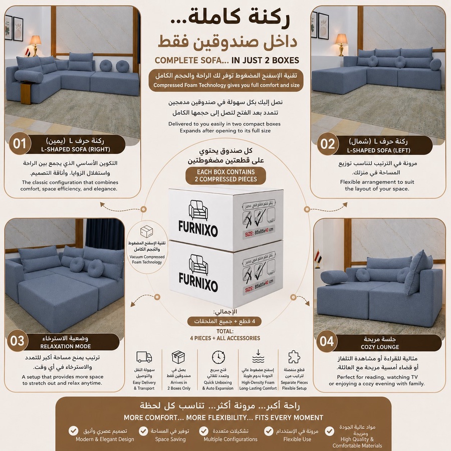 فورنكسو - FURNIXO ركنة مضغوطة 3×2 متر متعددة التكوين – إسفنج مضغوط بدون أخشاب – لون #03 - رصاصي مزرق