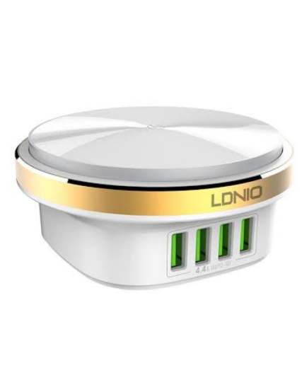 LDNIO A4406 LED Bedside Lamp with 4 USB Desktop Charger, 4.4A Fast Charging Night Light, Multi-Port USB Charging Station - White