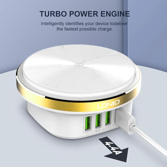 LDNIO A4406 LED Bedside Lamp with 4 USB Desktop Charger, 4.4A Fast Charging Night Light, Multi-Port USB Charging Station - White
