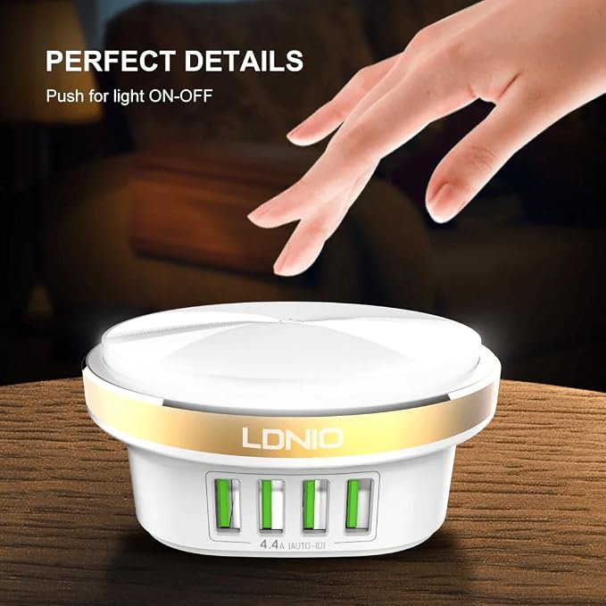 LDNIO A4406 LED Bedside Lamp with 4 USB Desktop Charger, 4.4A Fast Charging Night Light, Multi-Port USB Charging Station - White