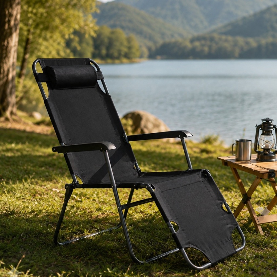 Foldable recliner chair with footrest and headrest – multi-position beach and garden chair – lightweight and easy to carry|كرسي استرخاء قابل للطي مع مسند للقدمين ومسند للرأس - كرسي متعدد الأوضاع للشاطئ والحديقة - خفيف الوزن وسهل الحمل