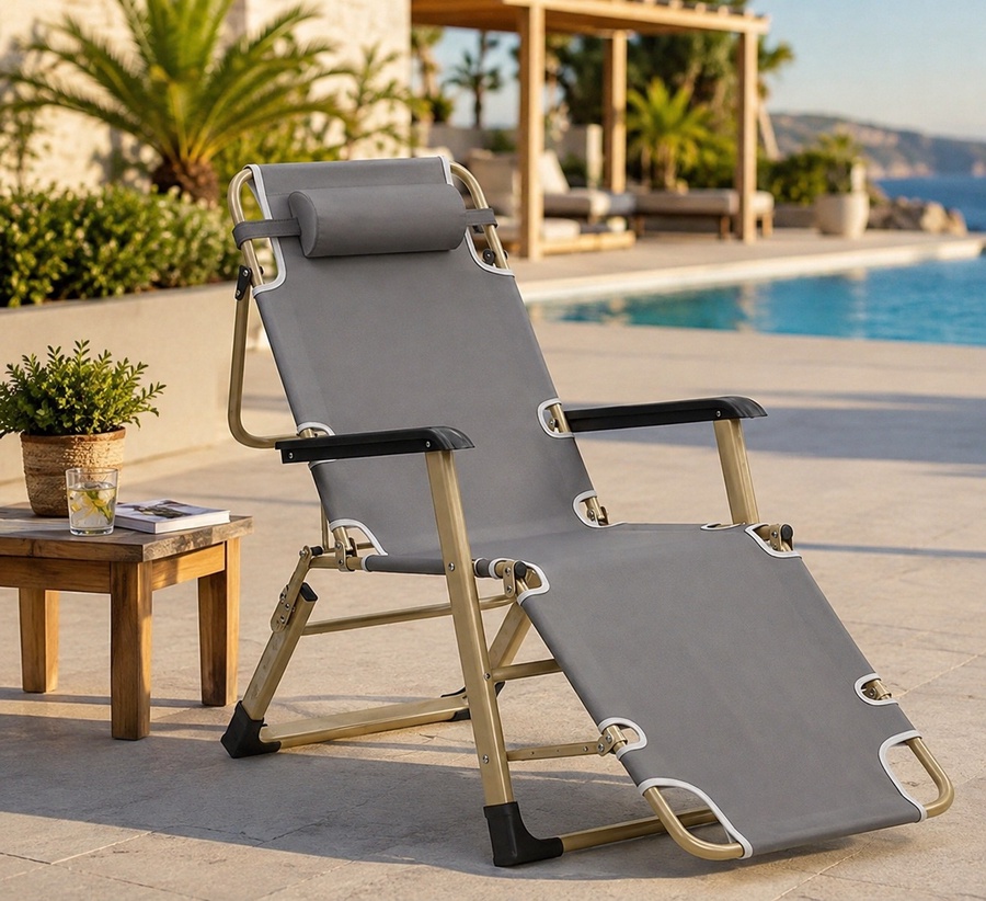 Foldable recliner chair with footrest and headrest – multi-position beach and garden chair – lightweight and easy to carry|كرسي استرخاء قابل للطي مع مسند للقدمين ومسند للرأس - كرسي متعدد الأوضاع للشاطئ والحديقة - خفيف الوزن وسهل الحمل