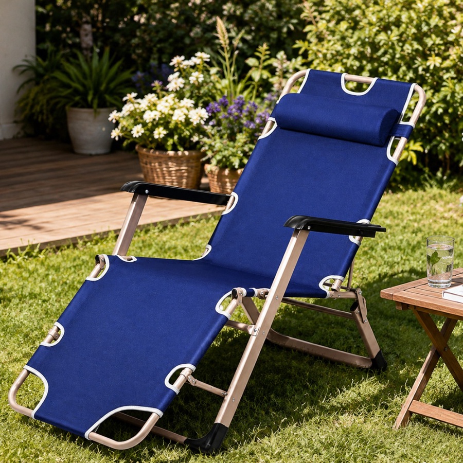 Foldable recliner chair with footrest and headrest – multi-position beach and garden chair – lightweight and easy to carry|كرسي استرخاء قابل للطي مع مسند للقدمين ومسند للرأس - كرسي متعدد الأوضاع للشاطئ والحديقة - خفيف الوزن وسهل الحمل