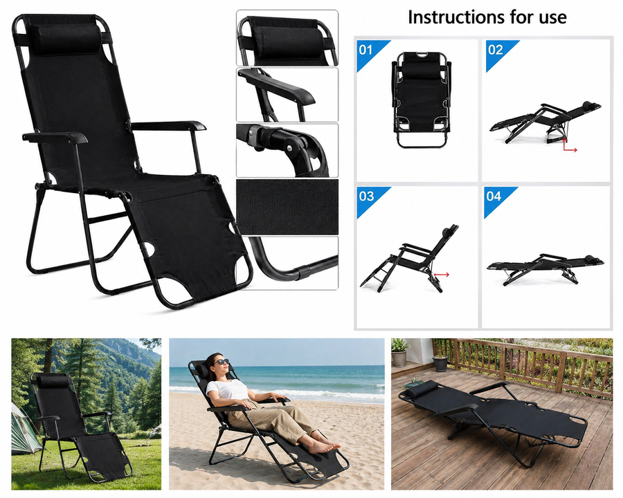 Foldable recliner chair with footrest and headrest – multi-position beach and garden chair – lightweight and easy to carry|كرسي استرخاء قابل للطي مع مسند للقدمين ومسند للرأس - كرسي متعدد الأوضاع للشاطئ والحديقة - خفيف الوزن وسهل الحمل
