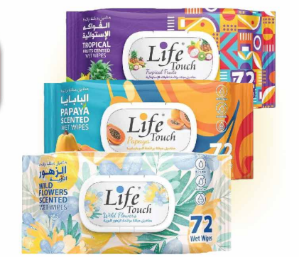 مناديل مبللة معطرة لايف توش (برائحة الفواكه الاستوائية، الباببايا، والزهور البرية - 72 منديل) - Life Touch Scented Wet Wipes 72s