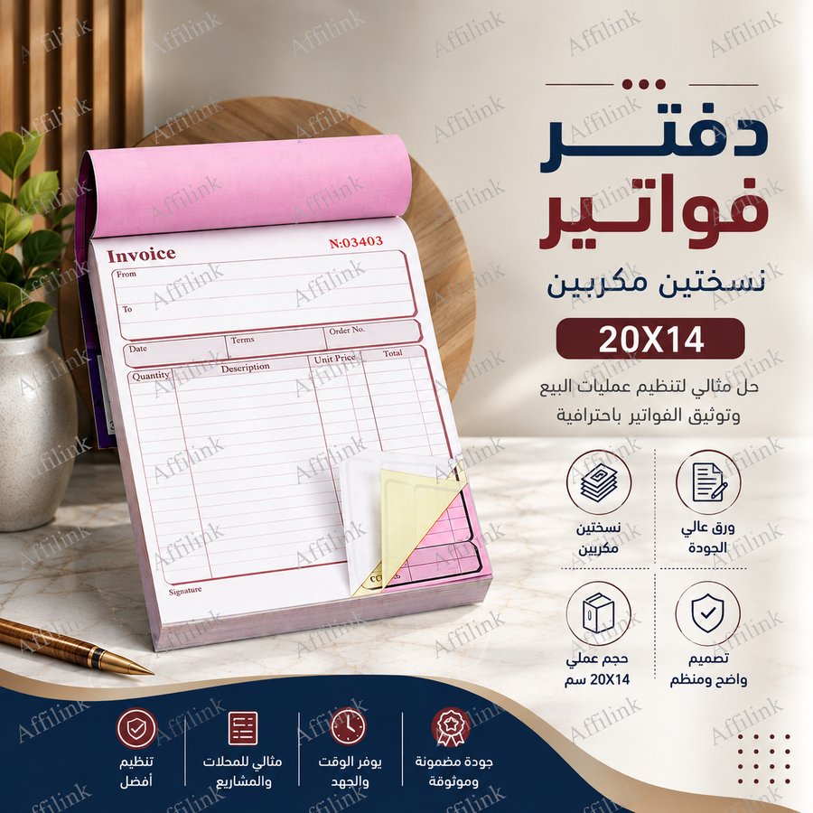 دفتر فواتير نسختين مكررين 20×14 سم