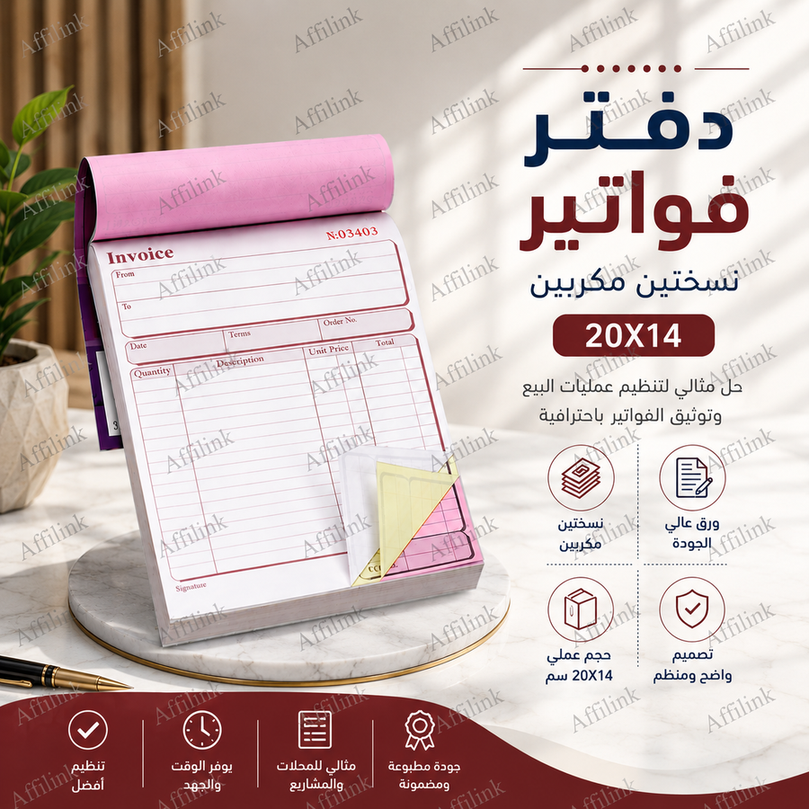 دفتر فواتير نسختين مكررين 20×14 سم