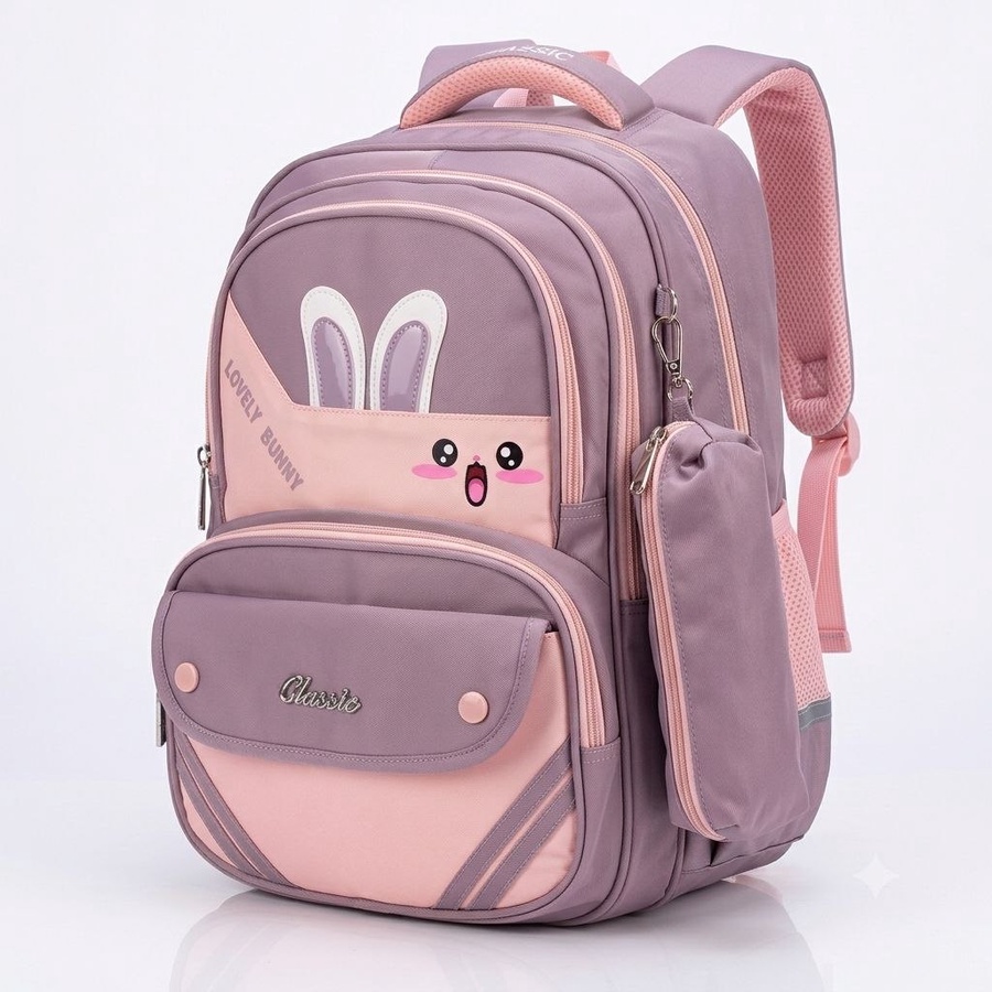 شنطة مدرسة أطفال بناتي تصميم (Lovely Bunny) ووتر بروف مستوردة مع مقلمة هدية _ مقاس 17 - Classic | Demand & Beyond