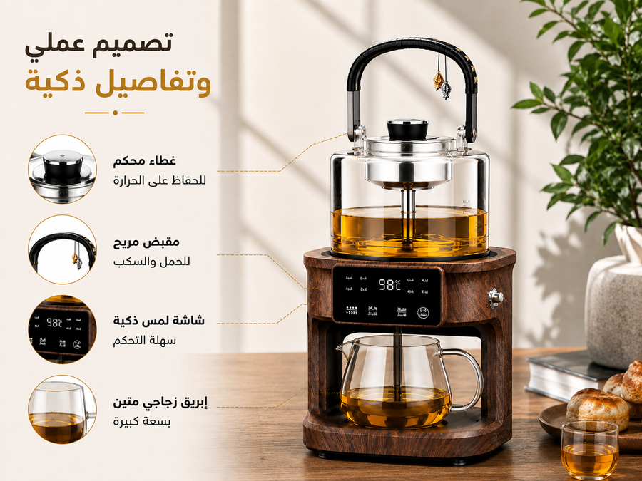 ماكينة صنع الشاي الذكية مع إبريق زجاجي مزدوج