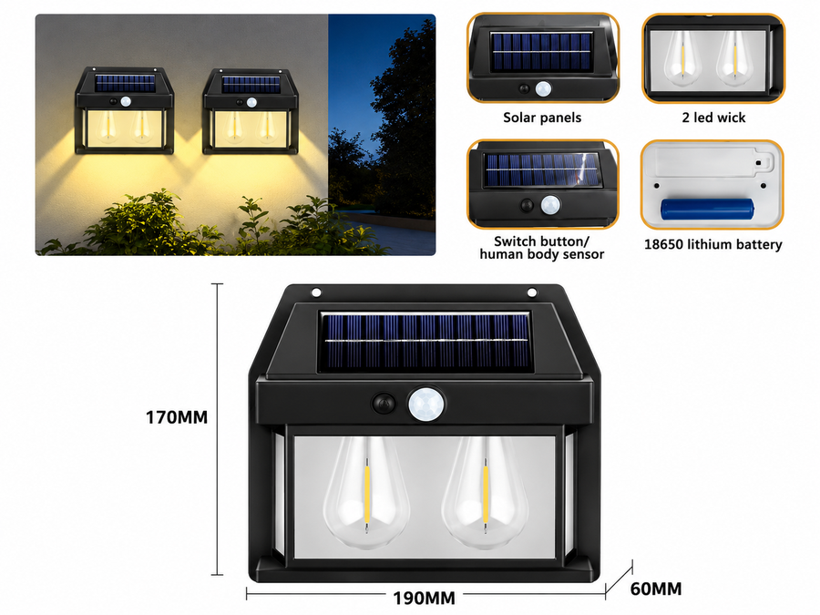 Solar Wall Lights Single/Dual Bulbs Outdoor, Dusk to Dawn Motion Sensor Lights Waterproof, 1 Pack Motion Sensor Solar Porch Lights with 3 Modes, for Patio, Garage, Shed (2Bulb_Black).|مصابيح جدارية تعمل بالطاقة الشمسية، أحادية/ثنائية اللمبة، للاستخدام الخارجي، مصابيح استشعار الحركة من الغسق إلى الفجر، مقاومة للماء، عبوة واحدة من مصابيح الشرفة الشمسية بمستشعر الحركة مع 3 أوضاع، للفناء، المرآب، السقيفة (2 لمبة_أسود).