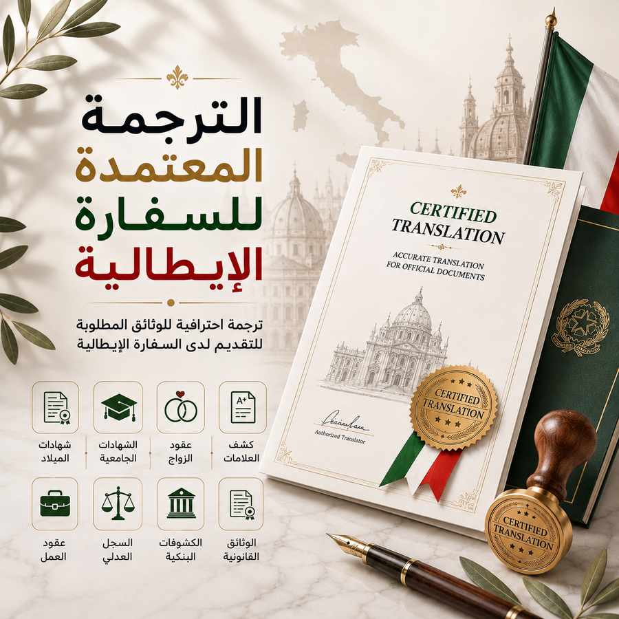 ترجمة معتمدة للوثائق المطلوبة للتقديم لدى السفارة الإيطالية