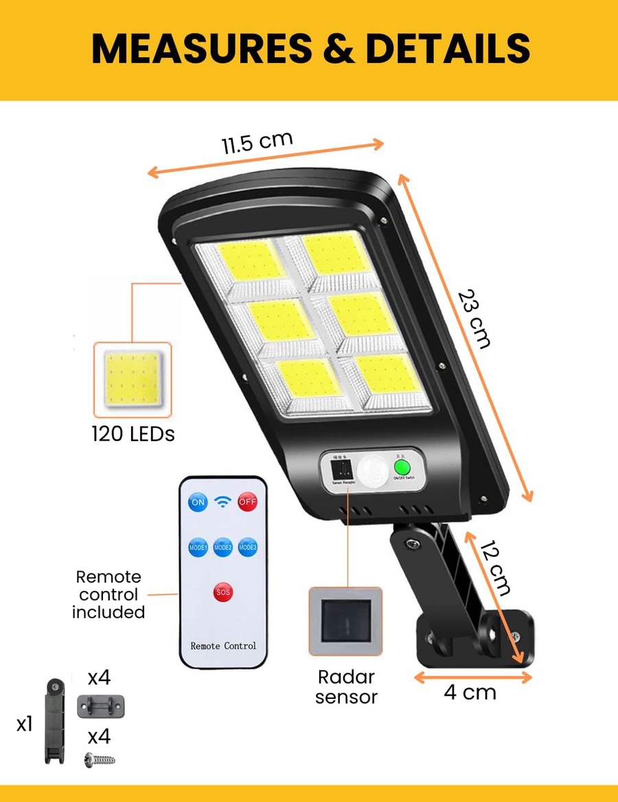 مصباح الشارع الشمسي MAGIC SELECT 120LEDs مزود بمستشعر حركة PIR، مصباح LED شمسي خارجي، مقاوم للماء بمعيار IP65، مناسب للحديقة والفناء والممر والجراج.|MAGIC SELECT 120LEDs MAGIC SELECT 120LEDs Solar Street Light with PIR Motion Sensor, Outdoor LED Solar Lamp, IP65 Waterproof Light Spotlight for Garden, Patio, Path, Garage.with PIR Motion Sensor, Outdoor LED Solar Lamp, IP65 Waterproof Light Spotlight for Garden, Patio, Path, Garage.