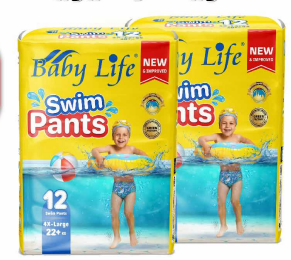حفاضات السباحة للأطفال بيبي لايف (مقاس كبير جداً 4X-Large, 22+ كغ - 12 حفاضة) - Baby Life Swim Pants 4X-Large 22+ kg 12s