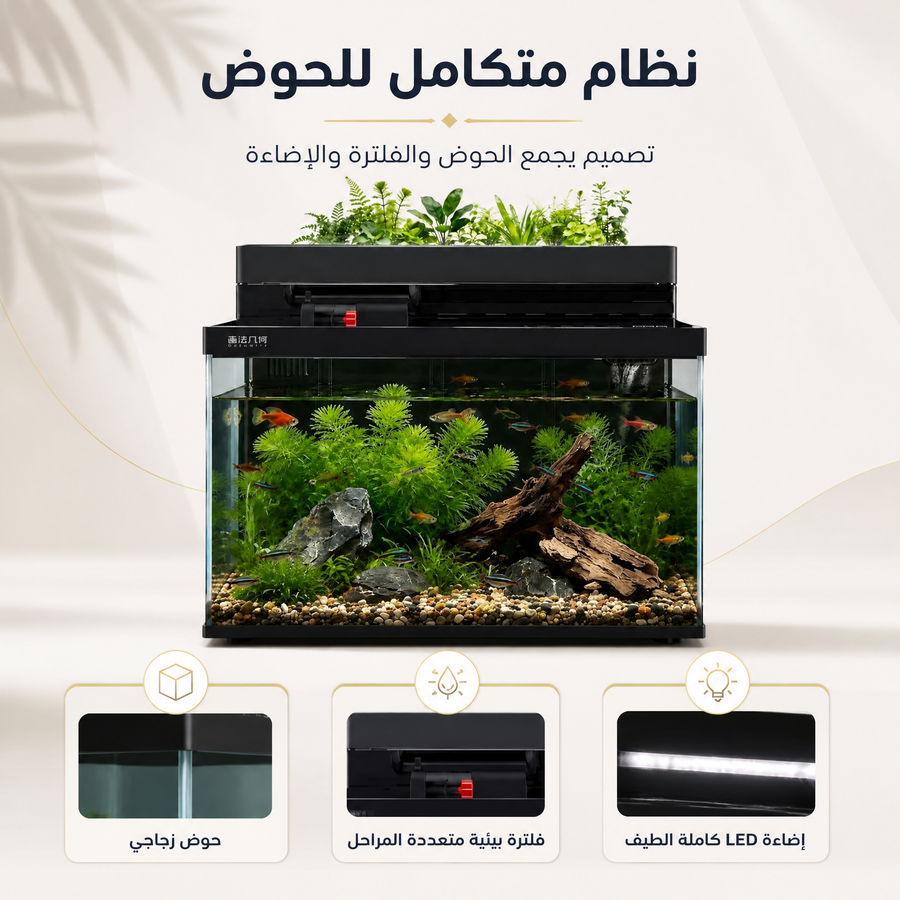حوض أسماك ذكي بتصميم مكتبي أنيق