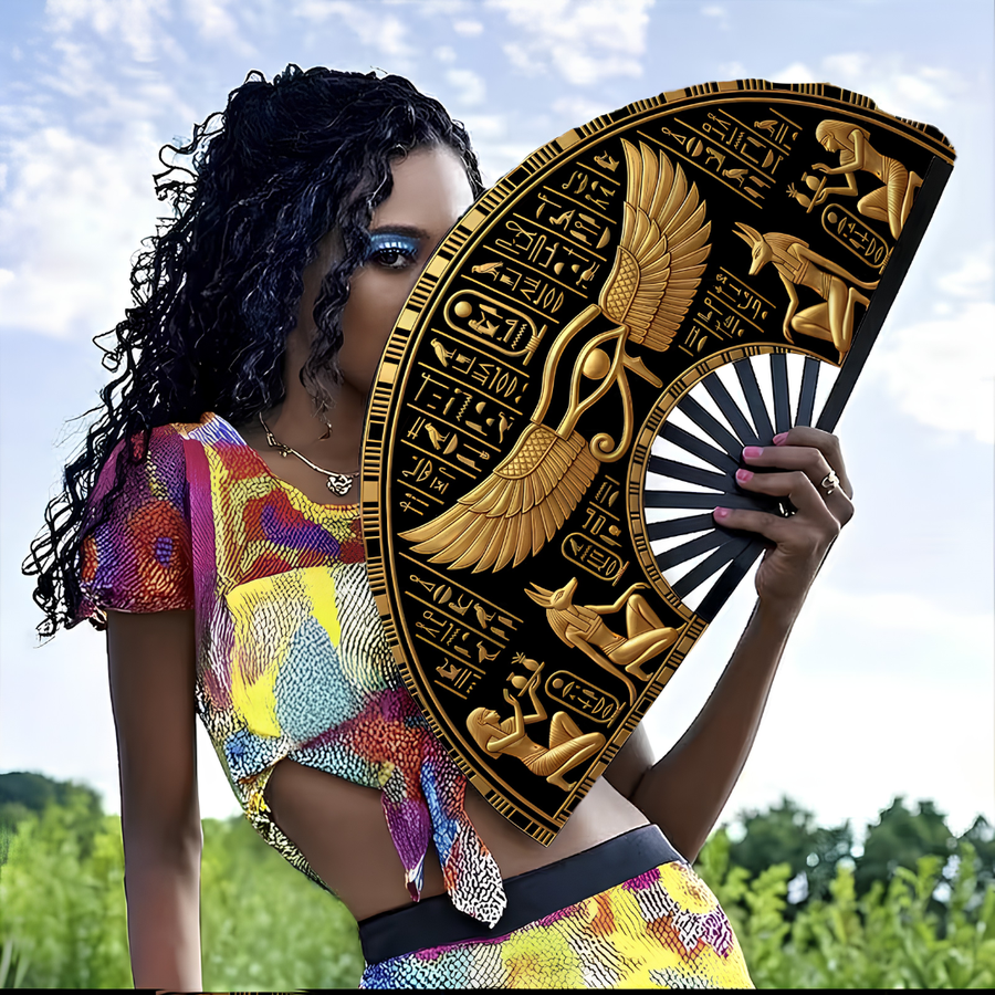 Ancient Egyptian Winged Eye of Horus and Anubis Hand Fan