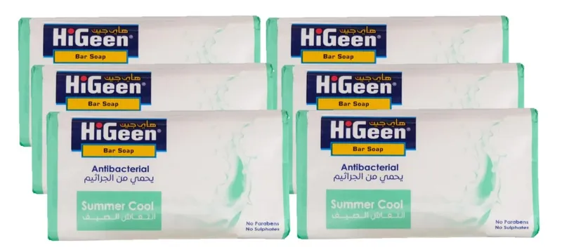 عرض 6 قطع صابون هايجين صلب  125 غم مضاد للبكتيريا هاي جين -  HiGeen Antibacterial Bar Soap125g