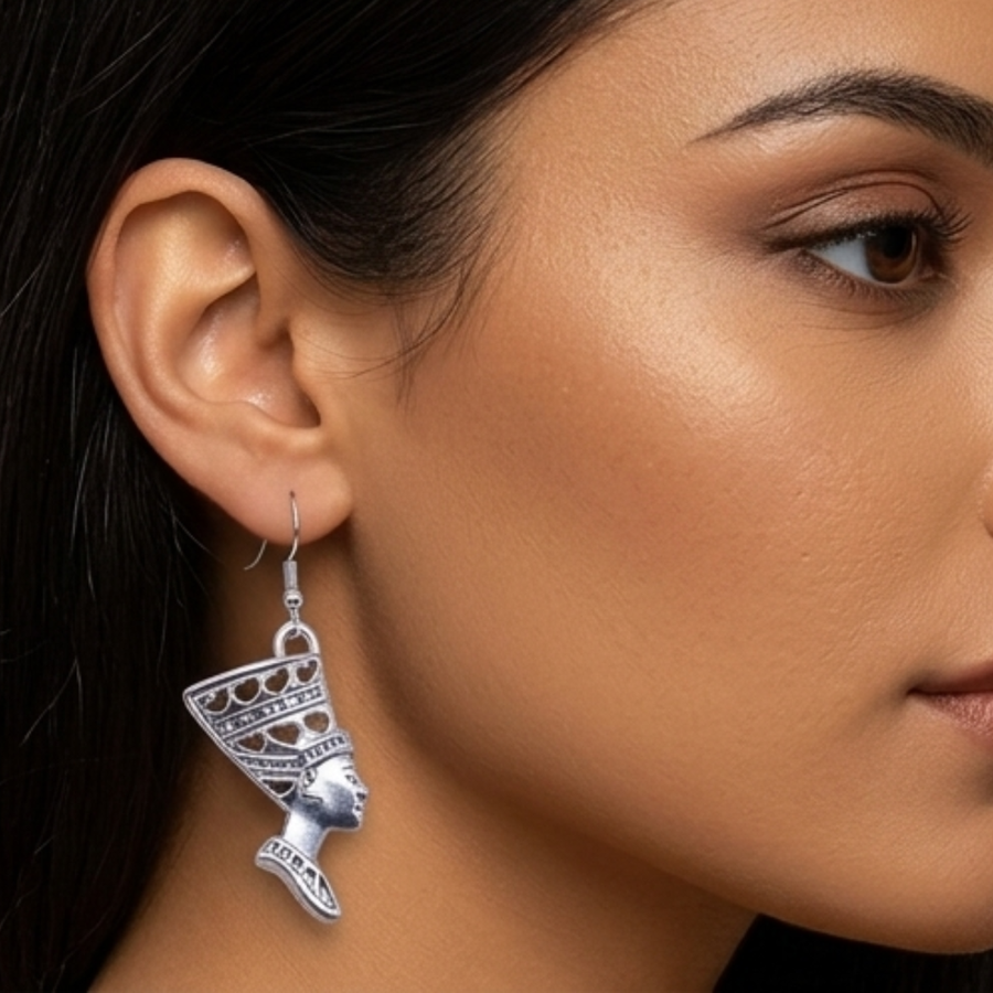 Egyptian Queen Nefertiti Earrings, Silver
