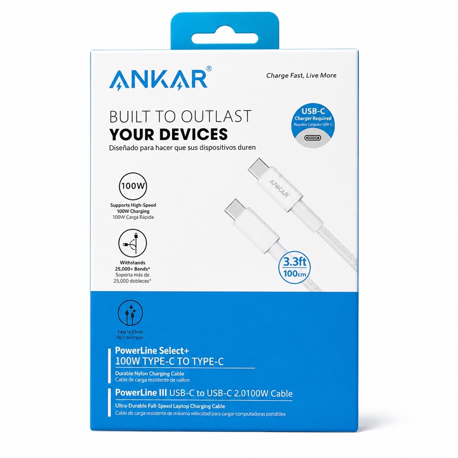 كابل Ankar PowerLine Select+ USB-C to USB-C 100W بطول 1 متر - كوبي