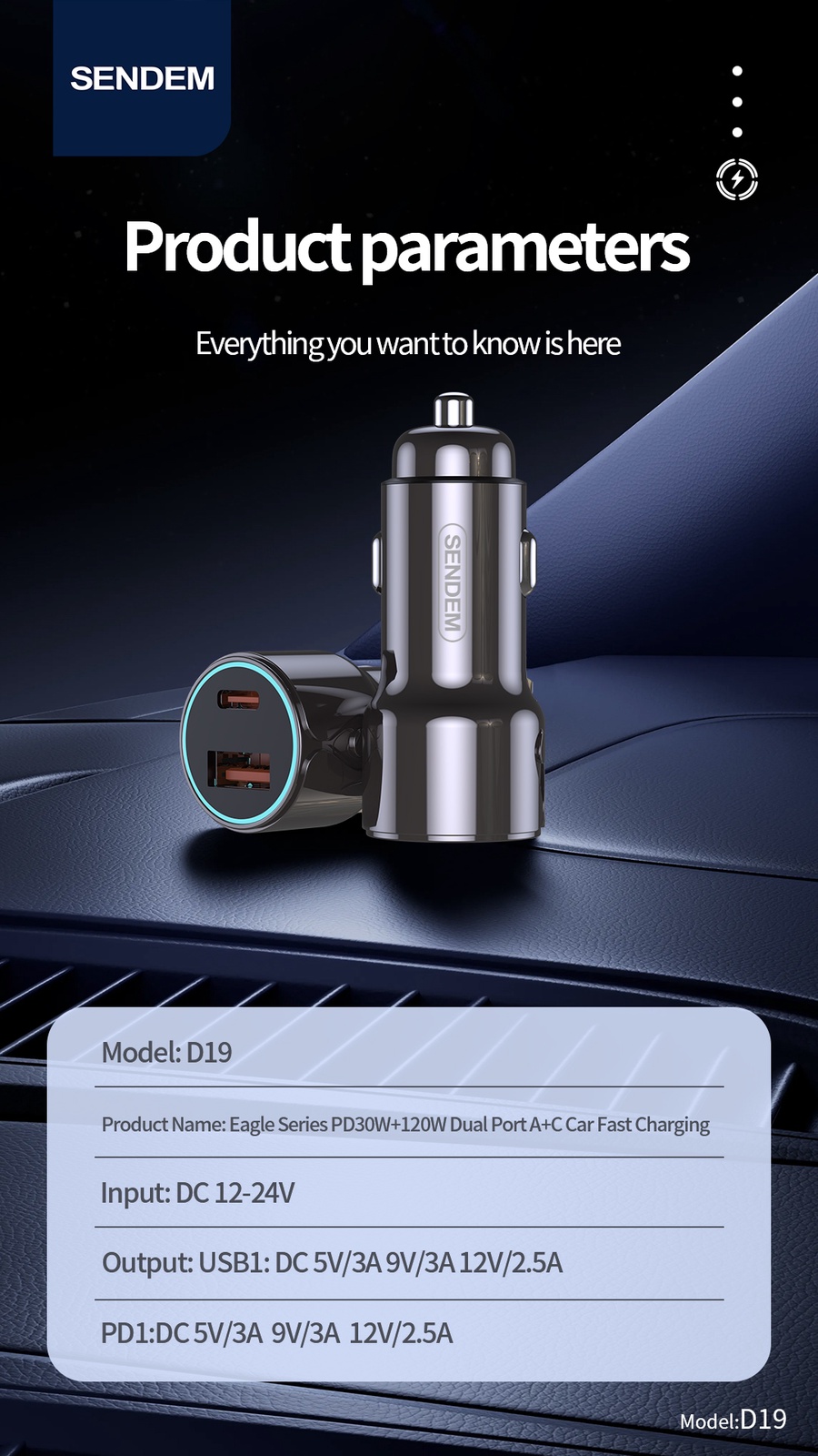 Sendom D19 150W Dual Port USB-A + USB-C PD Car Charger