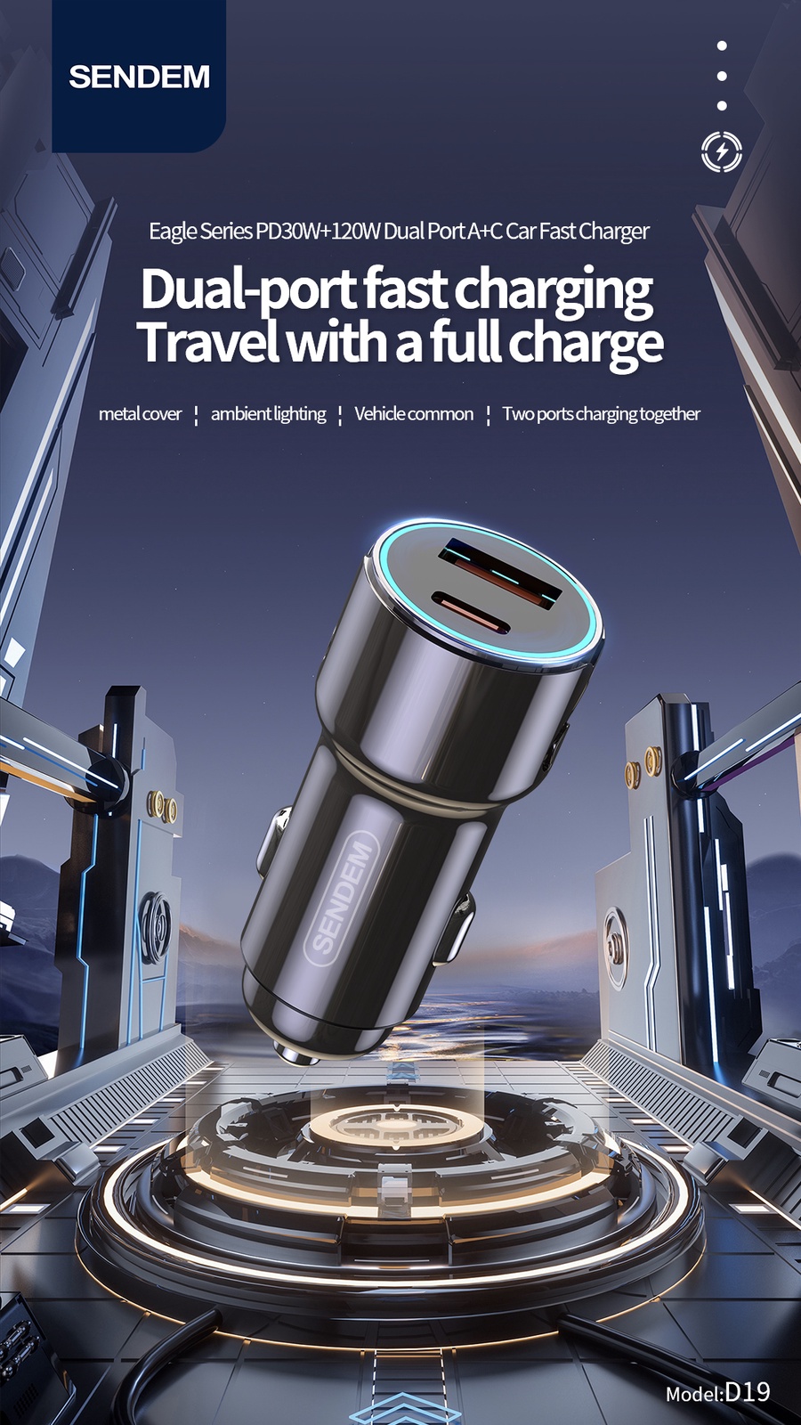 Sendom D19 150W Dual Port USB-A + USB-C PD Car Charger