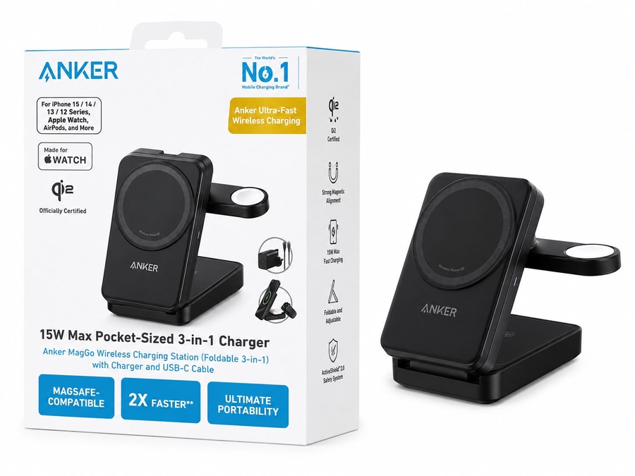 Anker MagGo Wireless Charging Station Foldable 3-in-1 Qi2 15W