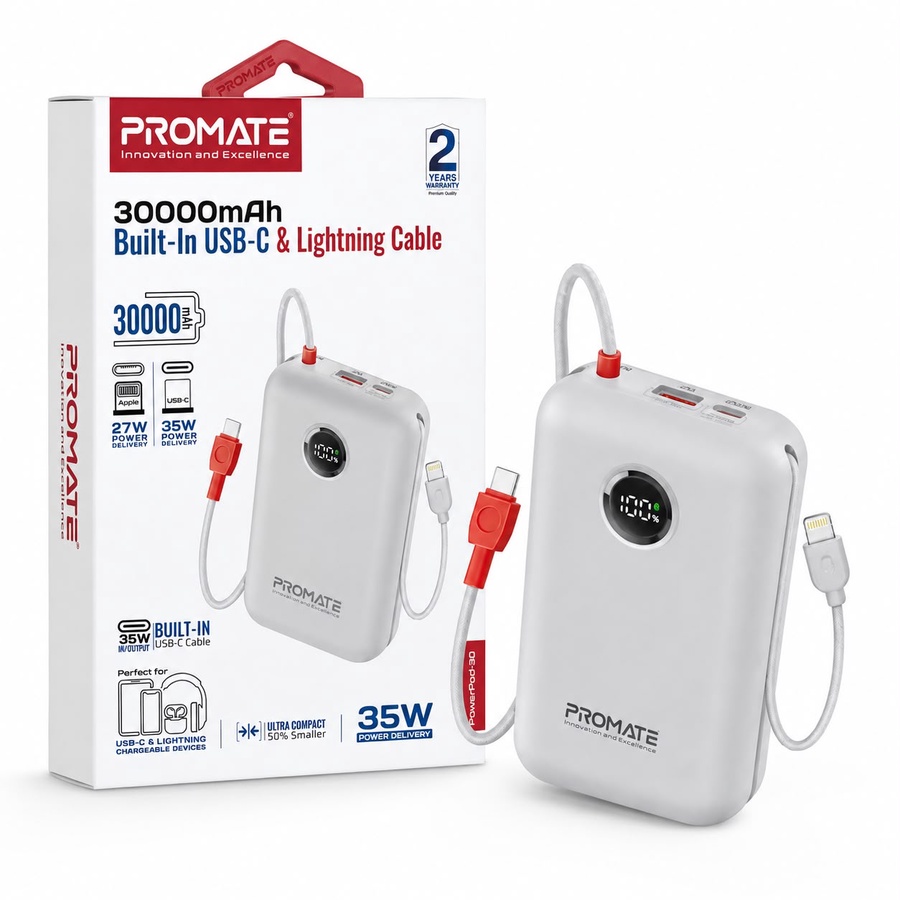 Promate PowerPod-30 Power Bank 30000mAh 35W with Built-in USB-C & Lightning Cable