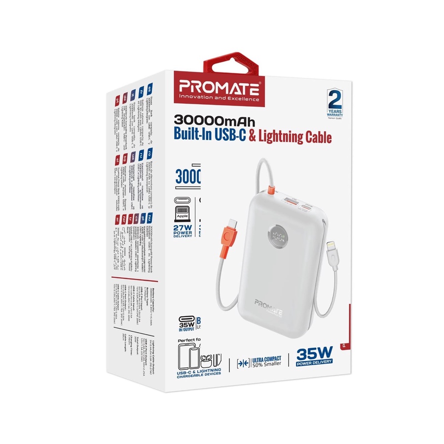 Promate PowerPod-30 Power Bank 30000mAh 35W with Built-in USB-C & Lightning Cable