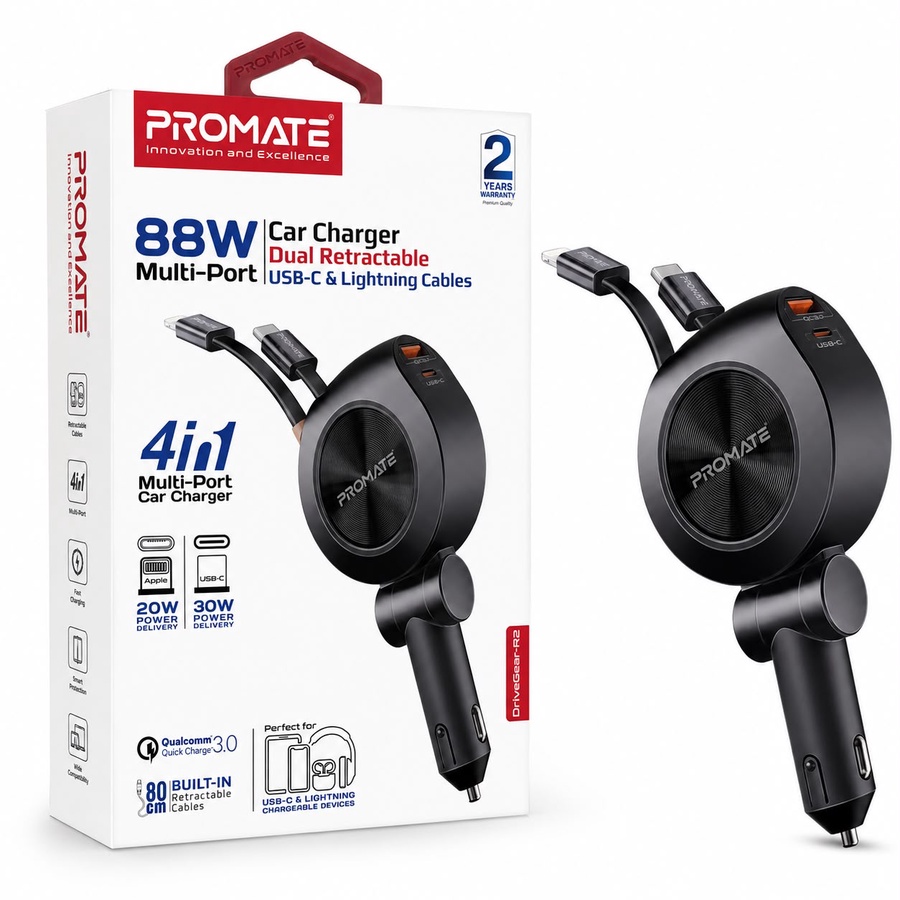 Promate DriveGear-R2 88W 4-in-1 Car Charger with Retractable USB-C & Lightning Cables