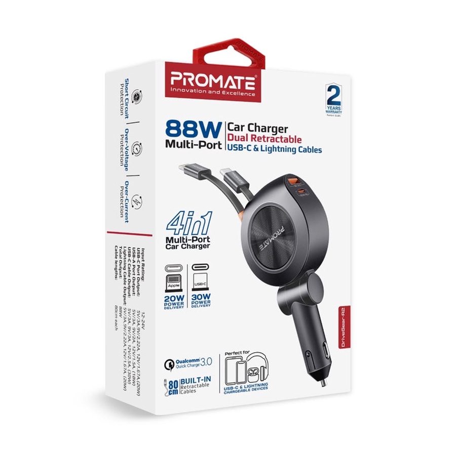 Promate DriveGear-R2 88W 4-in-1 Car Charger with Retractable USB-C & Lightning Cables