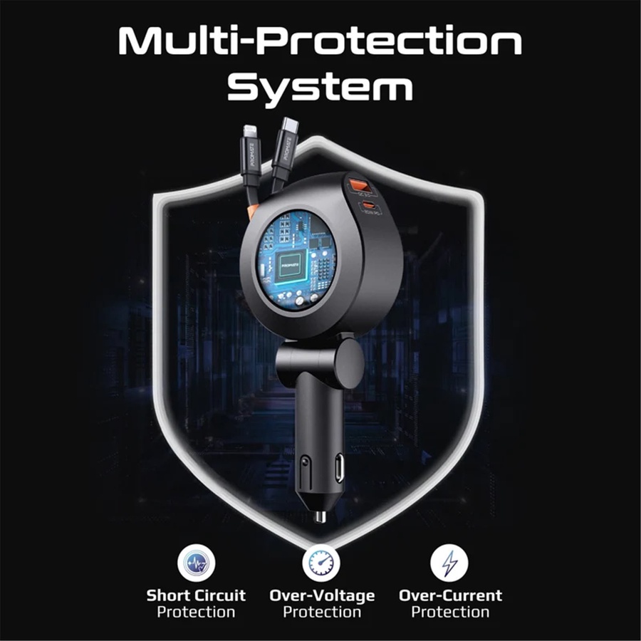 Promate DriveGear-R2 88W 4-in-1 Car Charger with Retractable USB-C & Lightning Cables