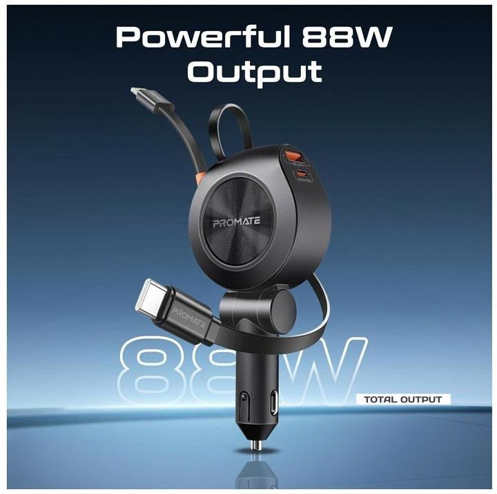 Promate DriveGear-R2 88W 4-in-1 Car Charger with Retractable USB-C & Lightning Cables
