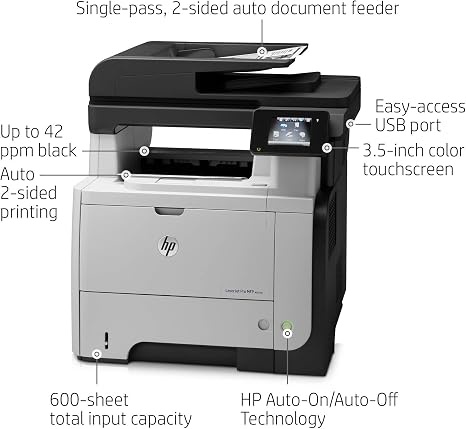 HP LaserJet Enterprise MFP M521 – طباعة وتصوير وسكانر وفيدر – طباعة على الوجهين – ليزر أبيض وأسود