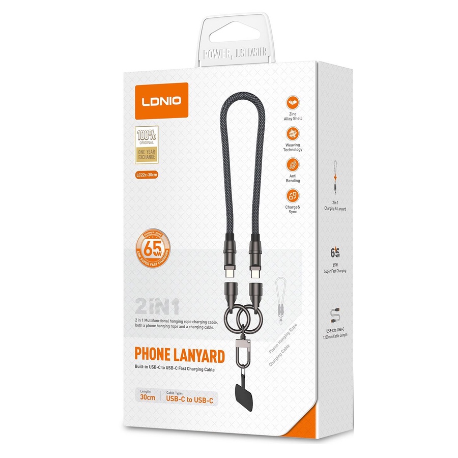 لادنيو فاست تشارجر كابل تايب سي - تو - تايب سي 2 في 1 - LDNIO Fast Charging CABLE TYPE-C TO TYPE-C (65W) 2 in 1 - LC22C 30CM