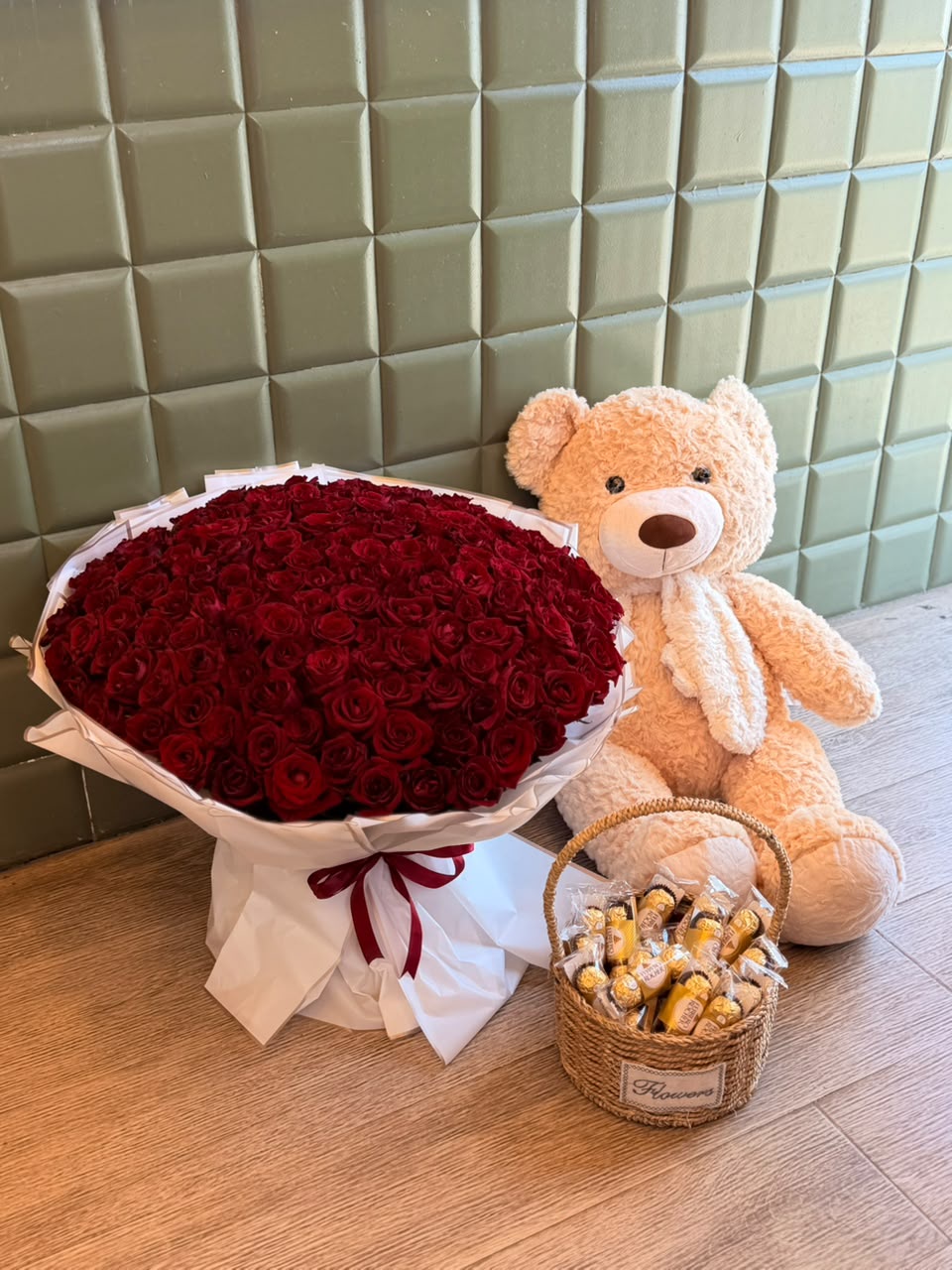 150 Red Roses Bouquet with Teddy Bear & Ferrero Rocher