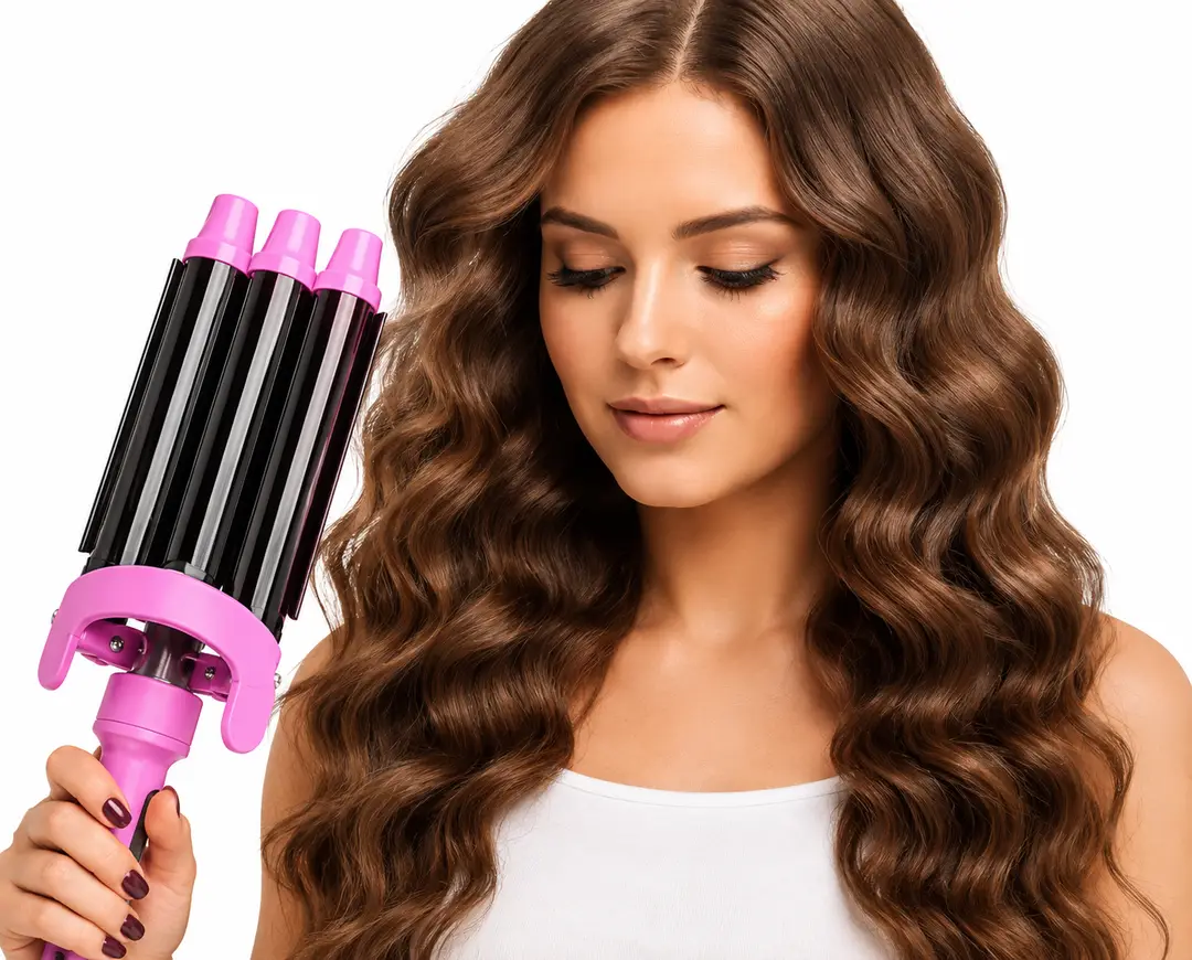 BaByverse BA-449 Professional 3 Barrel Hair Waver Curling Iron – Quick Styling Hair Curler – Pink