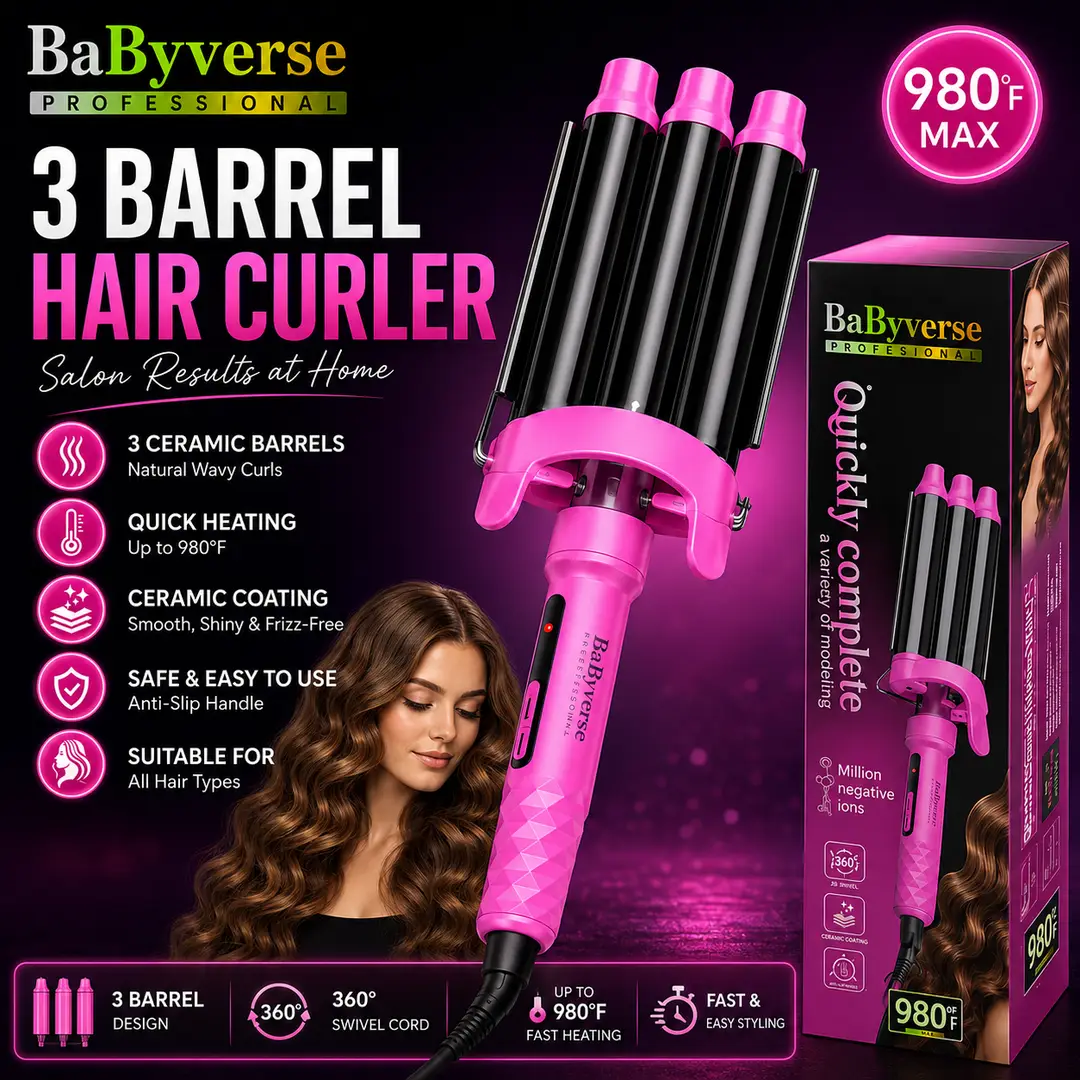 BaByverse BA-449 Professional 3 Barrel Hair Waver Curling Iron – Quick Styling Hair Curler – Pink