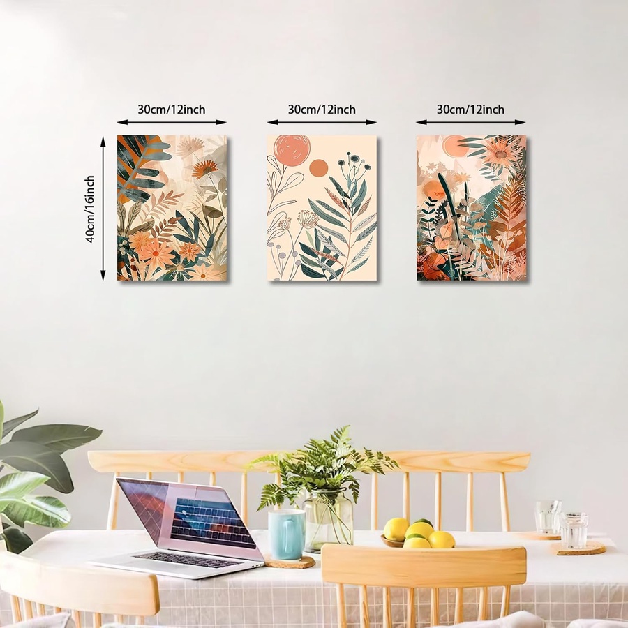  Abstract Leaves and Sun Nordic Minimalist Modern Plant Flower Wall Decor, Mid-Century Canvas Painting for Bedroom Living Room Office 30x40cmx3 Pcs