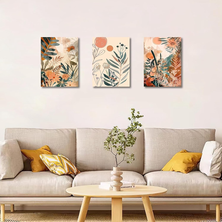  Abstract Leaves and Sun Nordic Minimalist Modern Plant Flower Wall Decor, Mid-Century Canvas Painting for Bedroom Living Room Office 30x40cmx3 Pcs