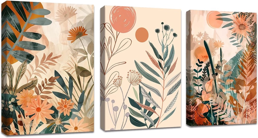  Abstract Leaves and Sun Nordic Minimalist Modern Plant Flower Wall Decor, Mid-Century Canvas Painting for Bedroom Living Room Office 30x40cmx3 Pcs