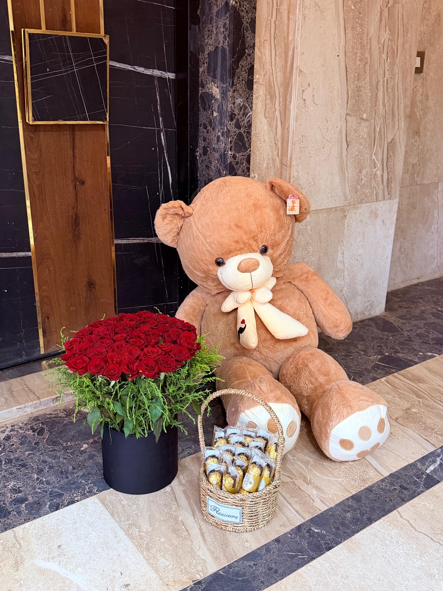 60 red roses with light brown teddy bear 155 length and Ferrero Rocher chocolate