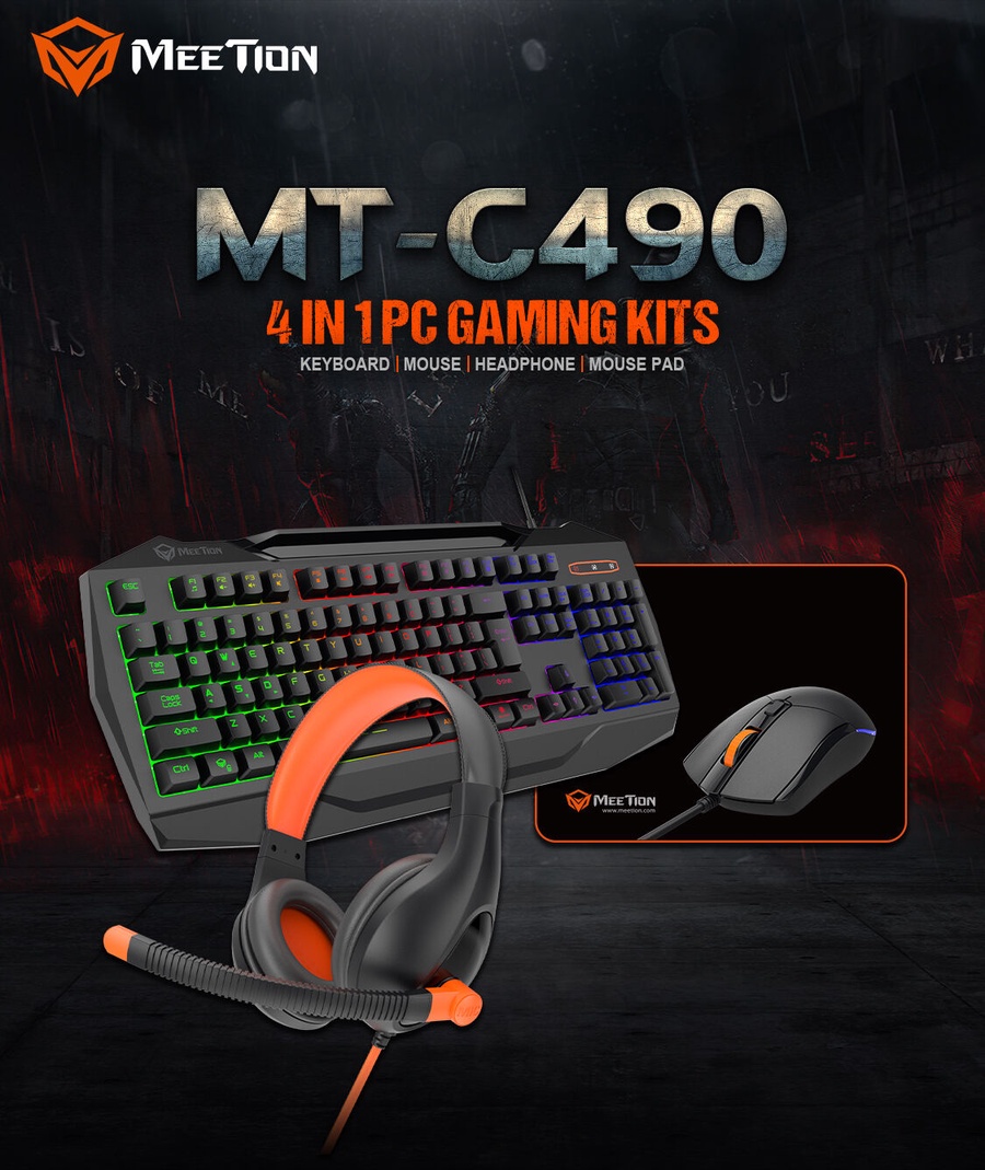 Meetion C490 4-in-1 PC Gaming Combo Set – RGB Backlit Keyboard, 2400 DPI Ergonomic Mouse, Stereo Gaming Headset & Non-Slip Mouse Pad