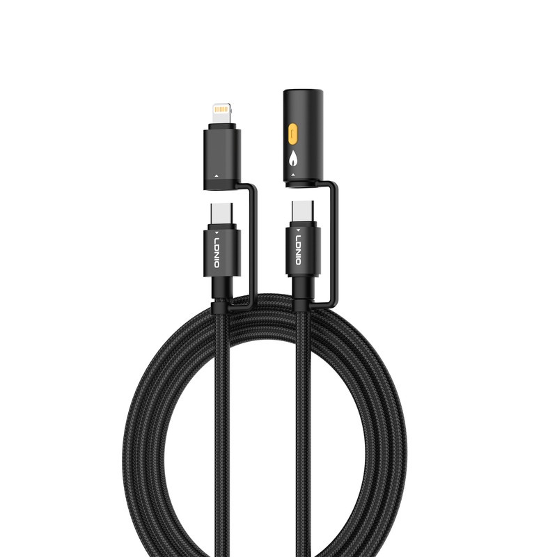 لادنيو داتا كابل تايب سي - تو - تايب سي + لايتينج + ولاعه سجائر -LDNIO Multiple Data CABLE TYPE-C TO TYPE-C + Lightning + Cigarette Lighter (65W) 3 in 1- LC20 1200MM